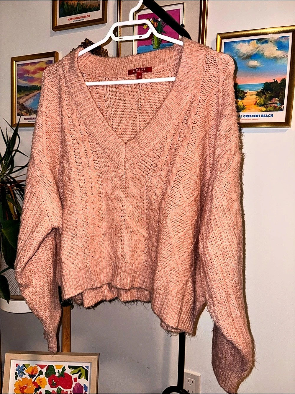 Guess Pink V-Neck Cable Knit Sweater